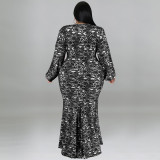Plus Size Print Long Sleeve Fashtail Dress GDAM-1038