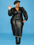Plus Size PU Leather Long Sleeve Two Piece Skirt Set GDAM-129