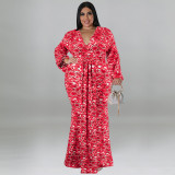 Plus Size Print Long Sleeve Fashtail Dress GDAM-1038