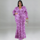 Plus Size Print Long Sleeve Fashtail Dress GDAM-1038