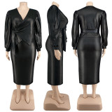 Plus Size PU Leather Long Sleeve Two Piece Skirt Set GDAM-129