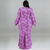 Plus Size Print Long Sleeve Fashtail Dress GDAM-1038
