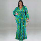 Plus Size Print Long Sleeve Fashtail Dress GDAM-1038