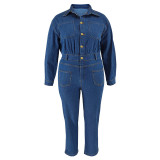 Plus Size Denim Lapel Long Sleeve Jumpsuit GDAM-1086