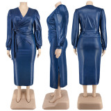 Plus Size PU Leather Long Sleeve Two Piece Skirt Set GDAM-129