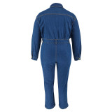 Plus Size Denim Lapel Long Sleeve Jumpsuit GDAM-1086