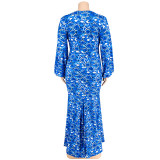 Plus Size Print Long Sleeve Fashtail Dress GDAM-1038
