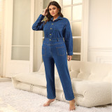 Plus Size Denim Lapel Long Sleeve Jumpsuit GDAM-1086