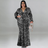 Plus Size Print Long Sleeve Fashtail Dress GDAM-1038