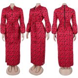 Plus Size Print Drawstring Split Maxi Dress NY-10975