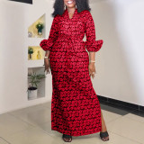 Plus Size Print Drawstring Split Maxi Dress NY-10975