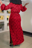 Plus Size Print Drawstring Split Maxi Dress NY-10975