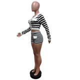 Stripe Print Tie Up Long Sleeve Shorts Sweater Suit MEM-88620