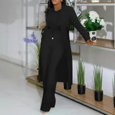 Plus Size Solid Color Cardigan Two Piece Pants Set NY-10976