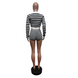 Stripe Print Tie Up Long Sleeve Shorts Sweater Suit MEM-88620