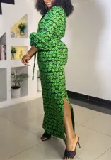 Plus Size Print Drawstring Split Maxi Dress NY-10975