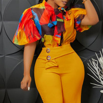 Plus Size Print Tie Up Bubble Sleeve Shirt GATE-561