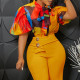 Plus Size Print Tie Up Bubble Sleeve Shirt GATE-561