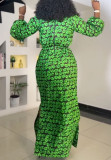 Plus Size Print Drawstring Split Maxi Dress NY-10975