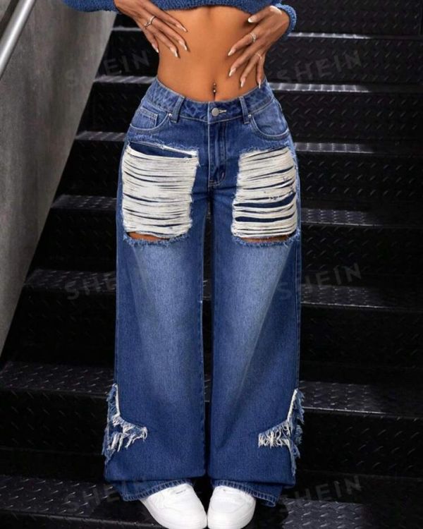Fringed Raw Edge Loose Wide Leg Jeans YUMT-YMT335
