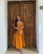 V Neck Patchwork Solid Color Sling Long Dress YUMT-YMT334