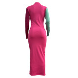 Color Block Patchwork Long Sleeve Midi Dress SHMF-0003