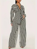 Stripe Shirt Loose Long Sleeve Two Piece Pants Set WSYF-5968