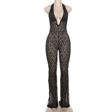 Pre Order: About 7 work days shipping Halterneck Deep V Neck Lace Jumpsuit YUEM-2025006