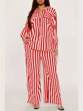 Stripe Shirt Loose Long Sleeve Two Piece Pants Set WSYF-5968