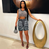 Washed Holes Five-quarter Denim Shorts WAF-77685