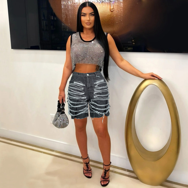 Washed Holes Five-quarter Denim Shorts WAF-77685