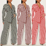 Stripe Shirt Loose Long Sleeve Two Piece Pants Set WSYF-5968