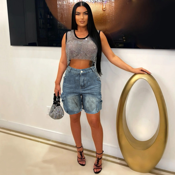 Washed Pocket Fives Denim Shorts WAF-77684