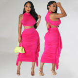 Solid Color Sleeveless Tassel Two Piece Skirts Set GOSD-6901