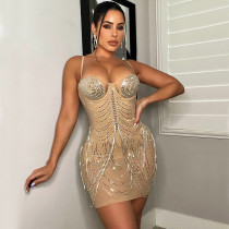 Mesh Hot Drill Tassel Mini Dress GOSD-6693