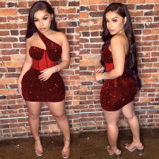 Mesh Sequin Slash Shoulder Mini Dress GOSD-6900