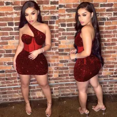 Mesh Sequin Slash Shoulder Mini Dress GOSD-6900