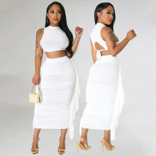 Solid Color Sleeveless Tassel Two Piece Skirts Set GOSD-6901