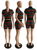 Knits Contrast Color Short Sleeve Two Piece Shorts Set GDYF-6901
