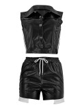 Single-breasted PU Tops And Shorts 2 Piece Set FENF-6022