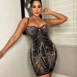 Mesh Hot Drill Tassel Mini Dress GOSD-6693