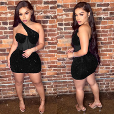 Mesh Sequin Slash Shoulder Mini Dress GOSD-6900