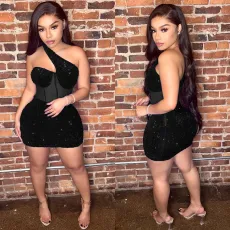 Mesh Sequin Slash Shoulder Mini Dress GOSD-6900