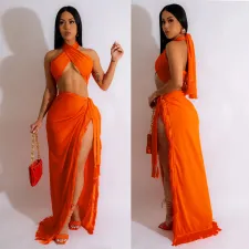 Sexy Wrap Chest Tie Up Tassel Skirt Suit GOSD-6997