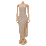 Slash Shoulder Sleeveless Sequin Maxi Dress GOSD-6739