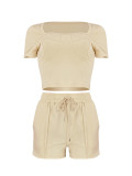 Solid Color Square Neck Two Piece Shorts Set FENF-6021