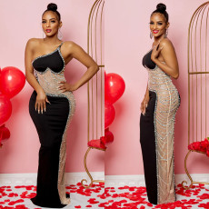 Mesh Patchwork Hot Drill Sling Maxi Dress GOSD-6846