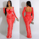 Sexy Long Sleeve Mesh Hot Drill Maxi Dress GOSD-6811