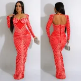 Sexy Long Sleeve Mesh Hot Drill Maxi Dress GOSD-6811