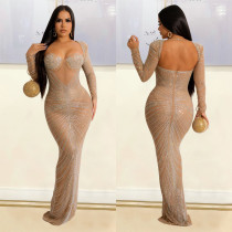 Sexy Long Sleeve Mesh Hot Drill Maxi Dress GOSD-6811